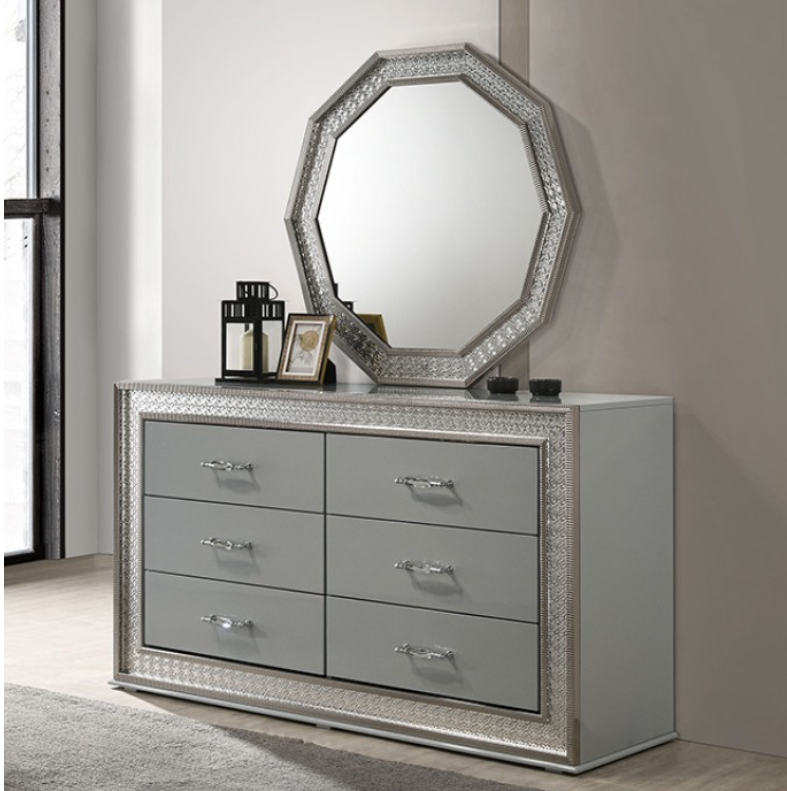 Cassiopeia Glam Collection Dresser with Metallic Scale Molding, Metallic Gray