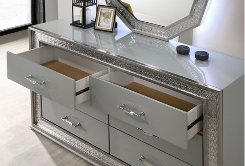 Cassiopeia Glam Collection Dresser with Metallic Scale Molding, Metallic Gray