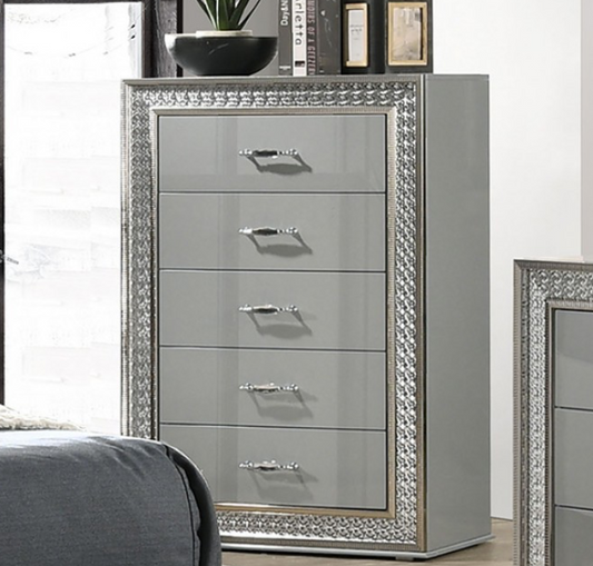 Cassiopeia Glam Collection Chest with Metallic Scale Molding, Metallic Gray