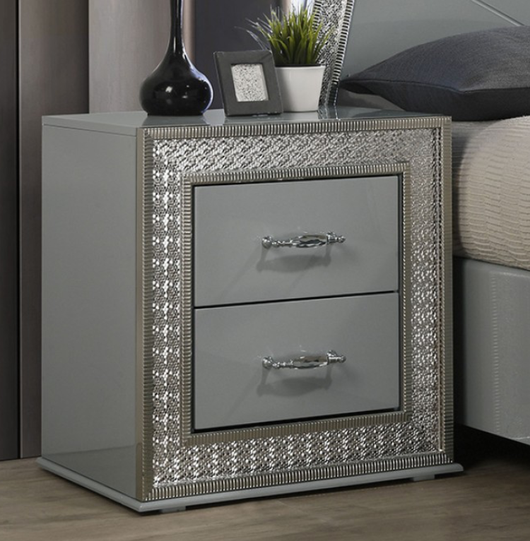 Cassiopeia Glam Collection Nightstand with Metallic Scale Molding, Metallic Gray