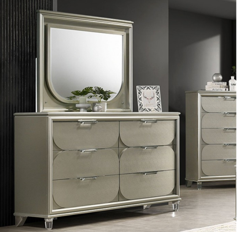 Sheridan Contemporary Dresser with Embossed Panels & Jewelry Drawer, Silver