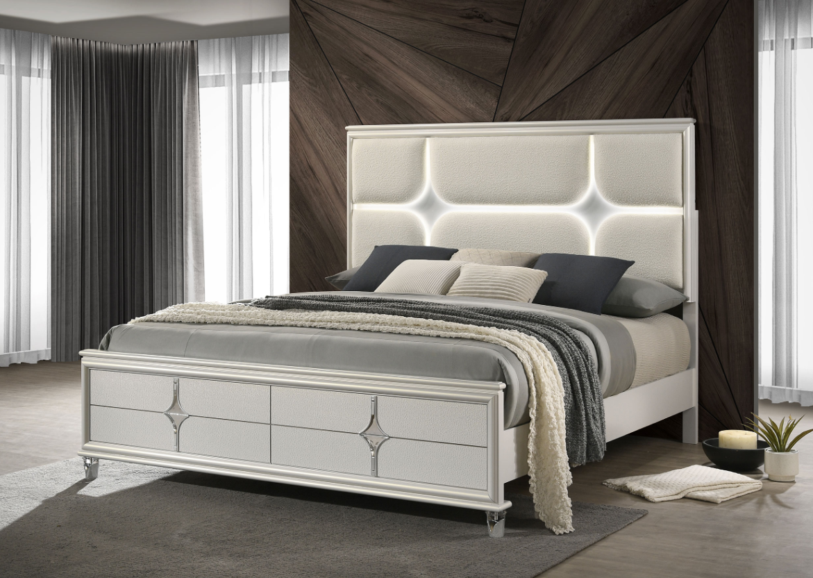 Olivia Modern King Bed with LED, Pearl White