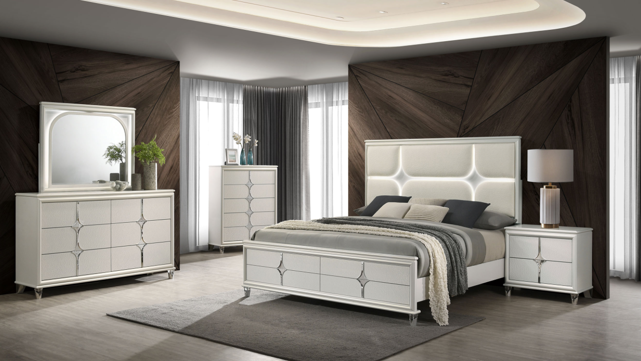 Olivia Modern King Bed with LED, Pearl White