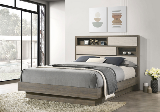 Fenwick Queen Bed Bookcase Headboard Grey Oak