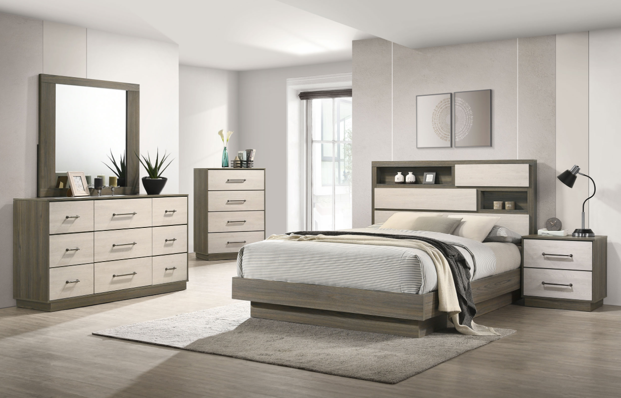 Fenwick Queen Bed Bookcase Headboard Grey Oak