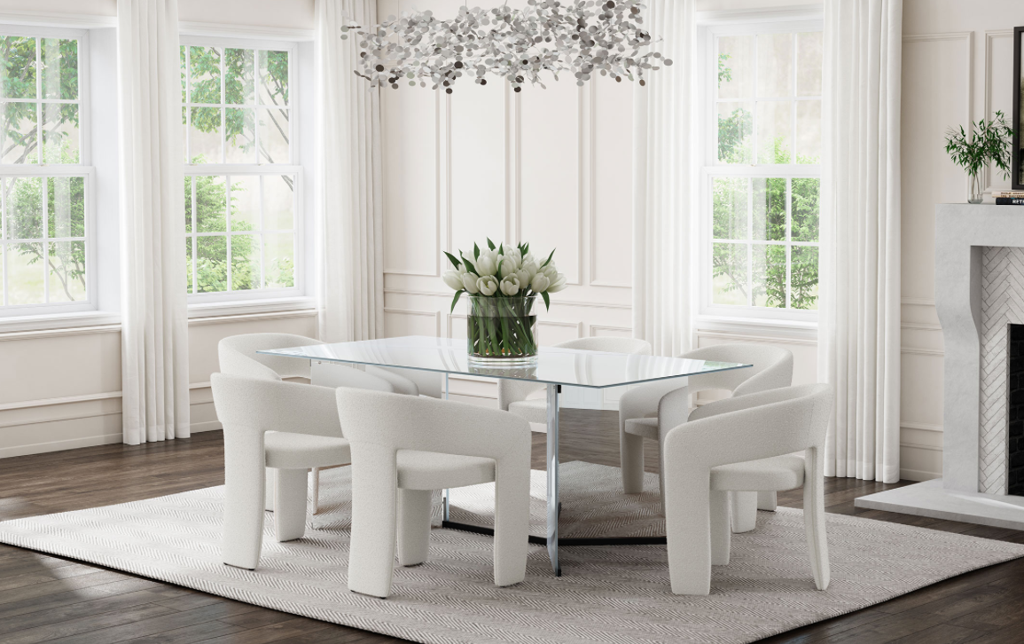 Emery 76" Mirrored Dining Set with Boucle Side Chairs