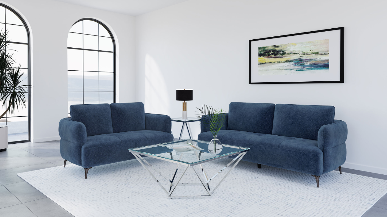 Lively Chenille Upholstered Modern Track Arm Sofa Blue