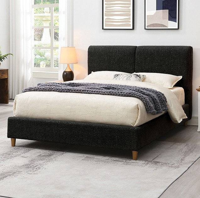 Stavern Contemporary Boucle Platform Bed with Tapered Legs