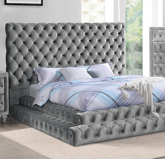 Stefania Gray Velvet Glam King Platform Bed