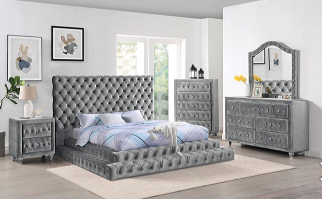 Stefania Gray Velvet Glam King Platform Bed