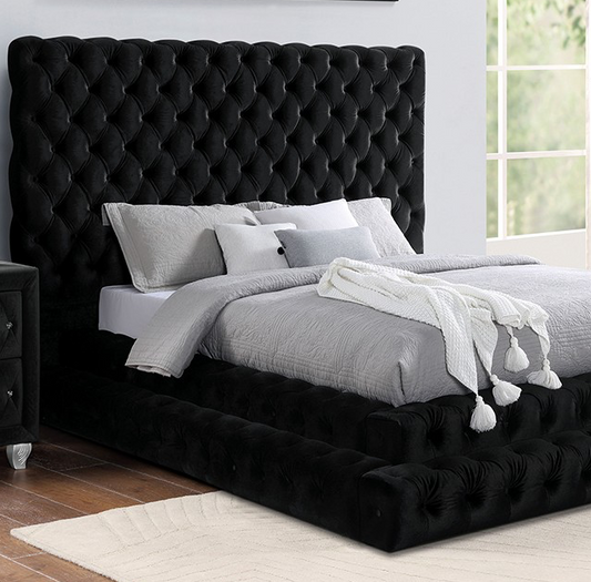 Stefania Black Velvet Glam Queen Platform Bed