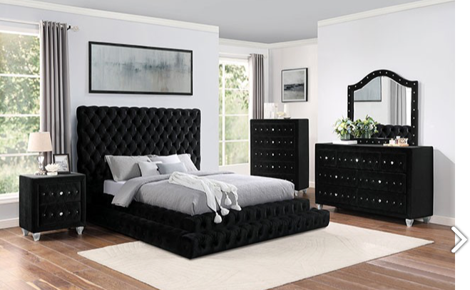 Stefania Black Velvet Glam Queen Platform Bed