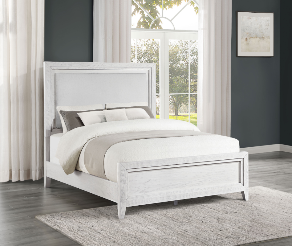 Marielle King Upholstered Panel Bed Distressed White