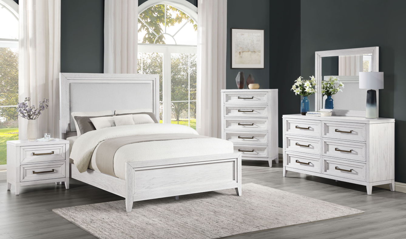 Marielle King Upholstered Panel Bed Distressed White