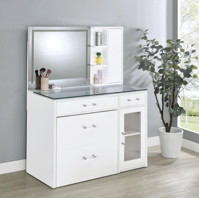 Flora 2-drawer Vanity Table Set LED Mirror and Stool White High Gloss