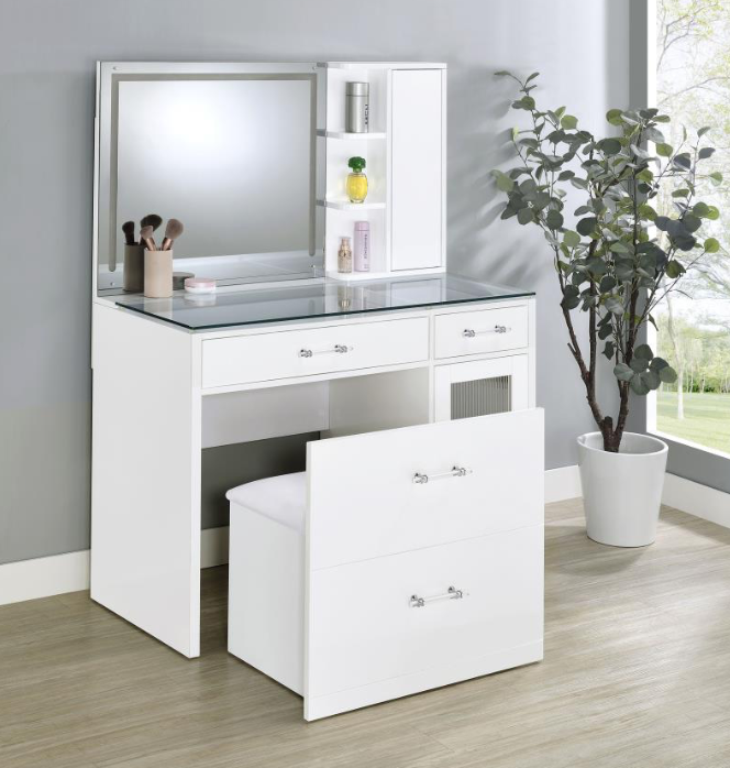 Flora 2-drawer Vanity Table Set LED Mirror and Stool White High Gloss