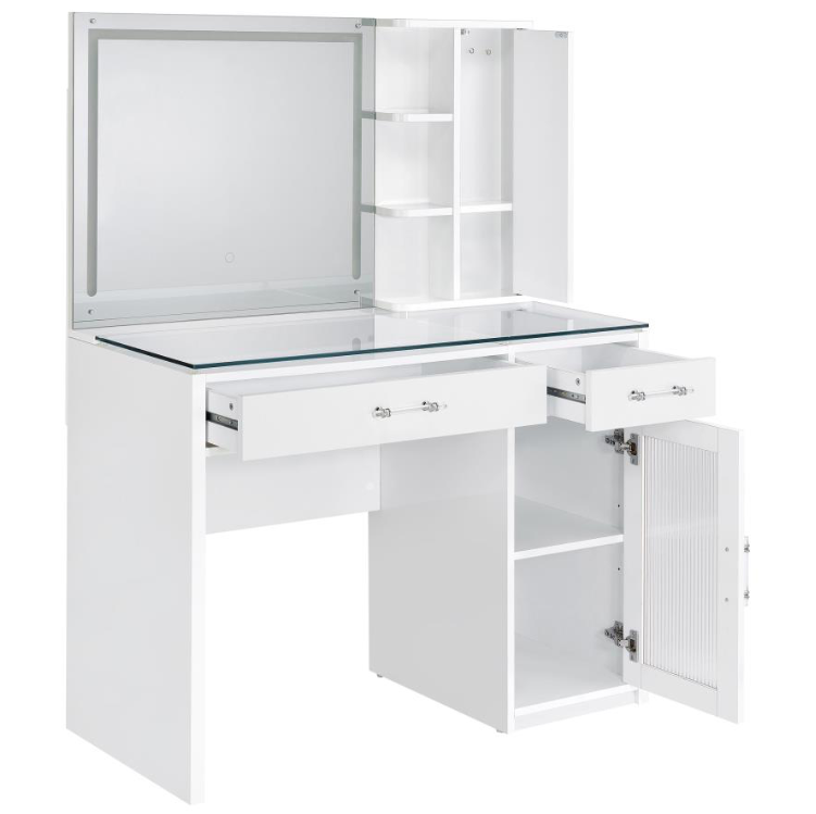 Flora 2-drawer Vanity Table Set LED Mirror and Stool White High Gloss