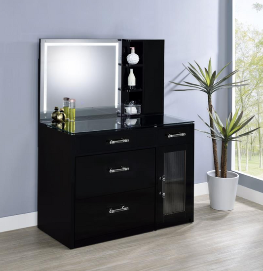 Flora 2-drawer Vanity Table Set LED Mirror and Stool Black High Gloss