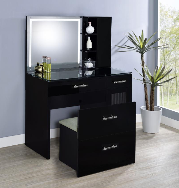 Flora 2-drawer Vanity Table Set LED Mirror and Stool Black High Gloss