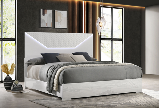 Ives Queen Panel Bed LED Headboard White High Gloss