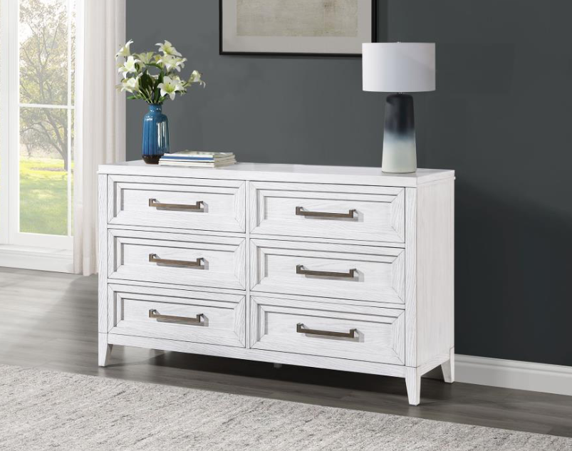 Marielle King Upholstered Panel Bed Distressed White