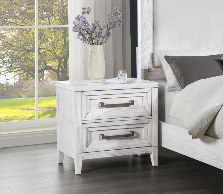 Marielle King Upholstered Panel Bed Distressed White