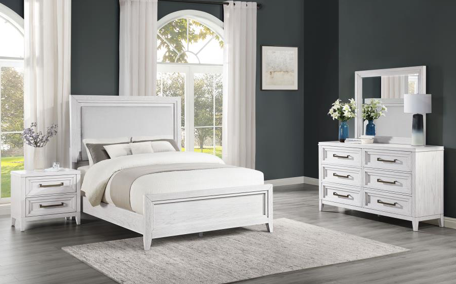 Marielle King Upholstered Panel Bed Distressed White