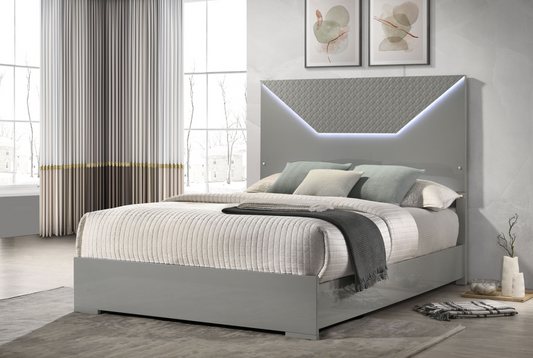 Ives King Panel Bed LED Headboard Grey High Gloss