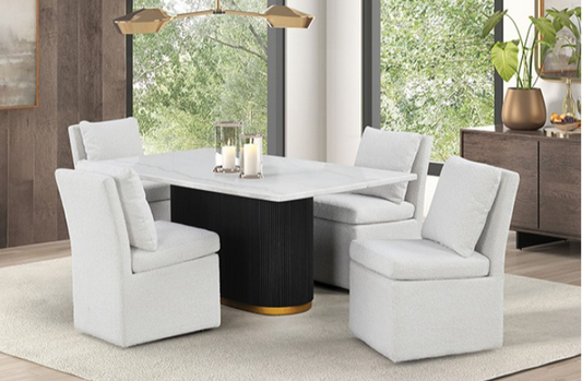 Morges Contemporary 5-Piece Marble Top Dining Set with White Boucle Chairs