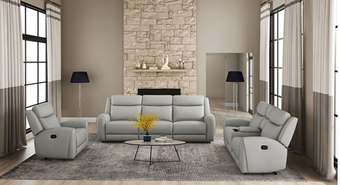 Jacobus Transitional Top Grain Leather Reclining Sofa, Light Gray