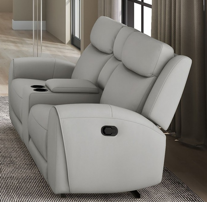 Jacobus Transitional Top Grain Leather Reclining Sofa, Light Gray