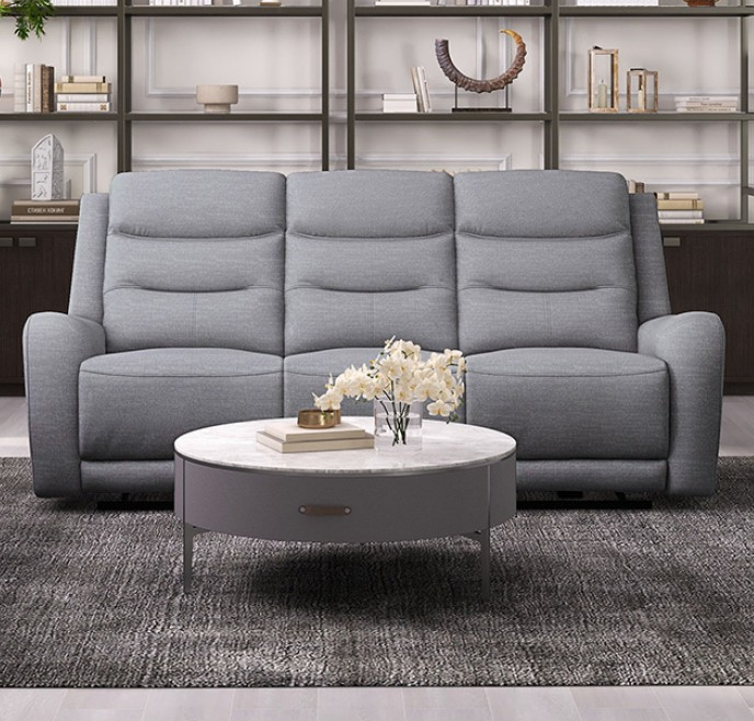 Matthias Transitional Upholstered Reclining Sofa, Gray