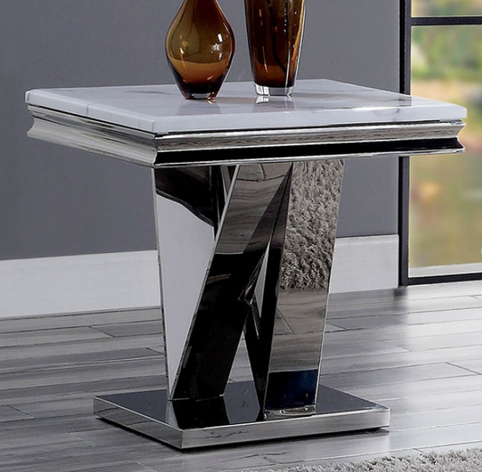 Villarsglane Glam Side Table with Faux Marble Top & Stainless Steel Base