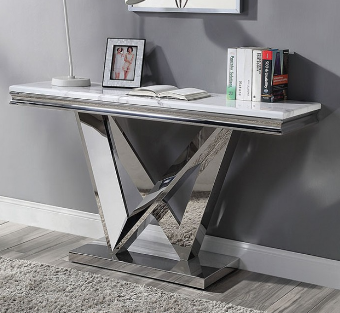 Villarsglane Glam Sofa Table with Faux Marble Top & Stainless Steel Base