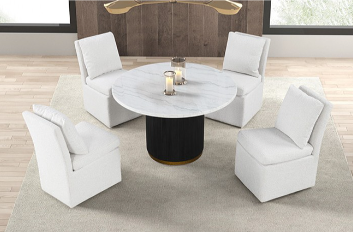 Varde Contemporary 5Piece Marble Top Dining Set with Boucle Chairs