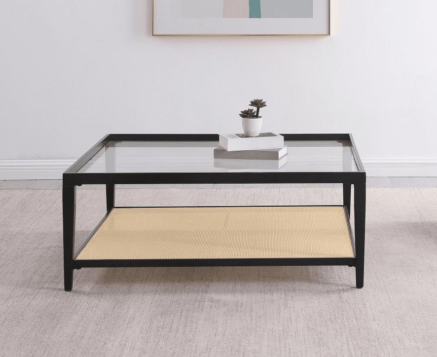 Amherst Glass Top Metal with Cane Shelf Coffee Table