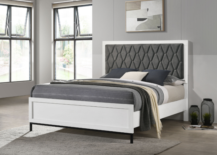 Sonora Modern Upholstered Panel Bed, White & Gray