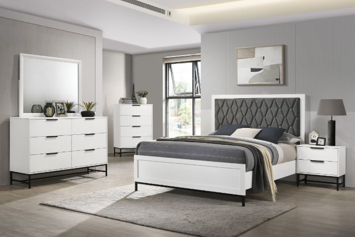 Sonora Modern Upholstered Panel Bed, White & Gray