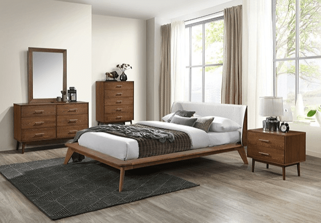 Lenzburg Bedroom Set - Mid-Century Modern Walnut/Beige Bouclé