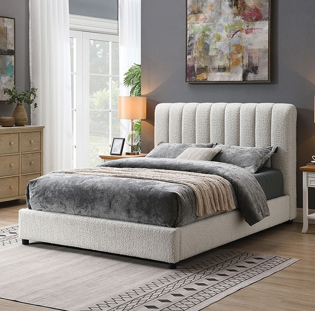 Traverso Contemporary White Boucle Platform Bed with Round Wood Legs