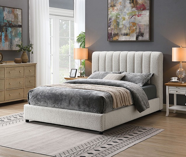 Traverso Contemporary White Boucle Platform Bed with Round Wood Legs