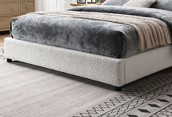 Traverso Contemporary White Boucle Platform Bed with Round Wood Legs