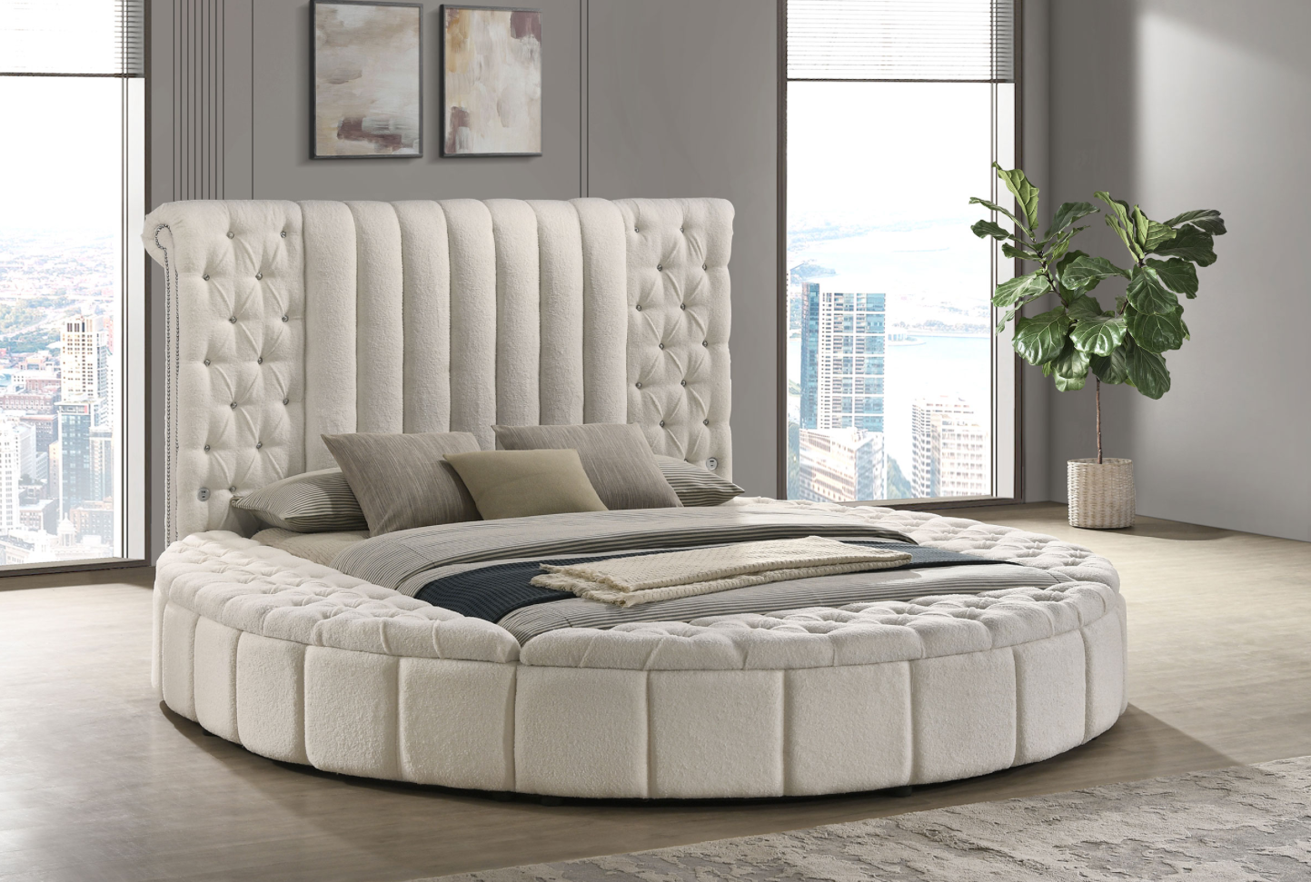 Sonya Boucle Upholstered Round Storage Bed Ivory