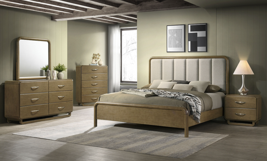 Amsbury Modern Queen Bedroom Collection, Warm Nutmeg & Beige Boucle