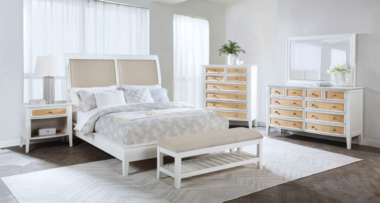 Bexhill Modern King Bedroom Collection in White & Rattan