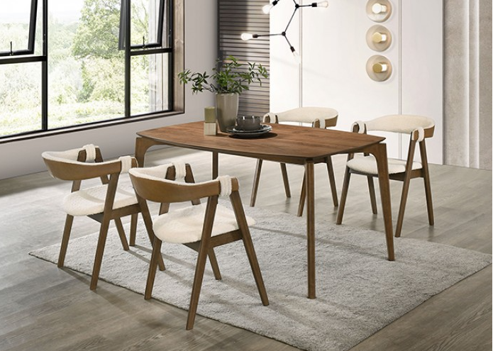 Ebikon Mid-Century Modern Dining Set in Walnut & Beige Boucle