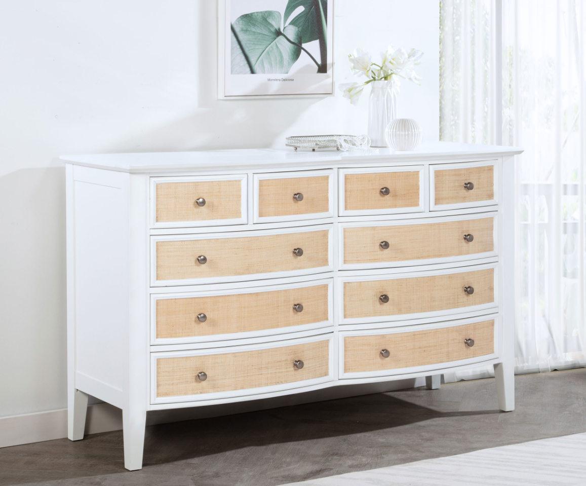 Bexhill 10-drawer Dresser with Round Knob, White & Rattan