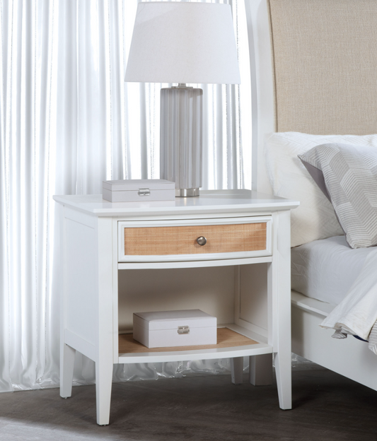 Bexhill 1-drawer Nightstand with Round Knob, White & Rattan