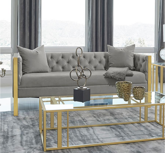 Eastbrook Glam Style Sofa & Loveseat in Light Grey Velvet with Gold Base