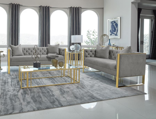 Eastbrook Glam Style Sofa & Loveseat in Light Grey Velvet with Gold Base